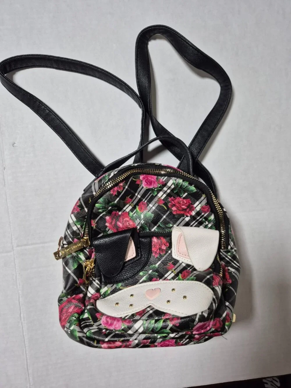 Betsey Johnson Cat Face Mini Backpack Floral Plaid Rose Kitsch Bag
